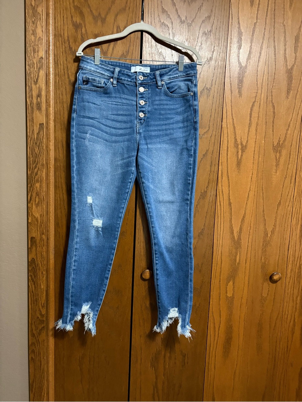 KanCan Blue High-Rise Button-Fly Cropped Distressed Jeans